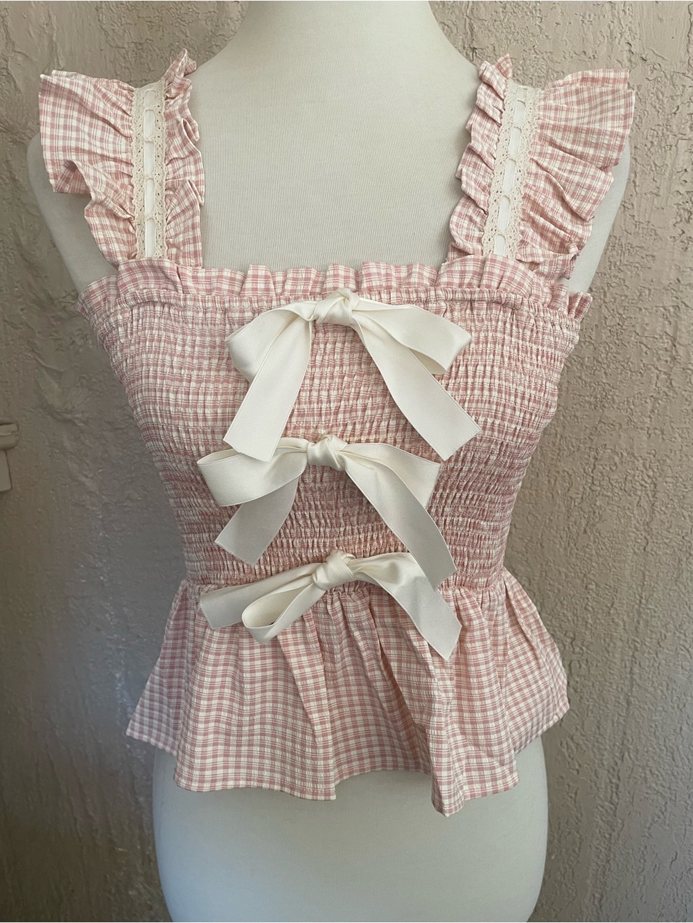Bibi Pink Plaid Ruffle Bow Peplum Top